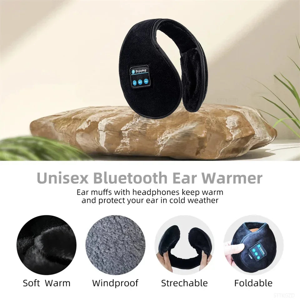 Black fleece-lined wireless ear muffs with bluetooth headphones designed as a casual cap sports winter warmer for men and women
