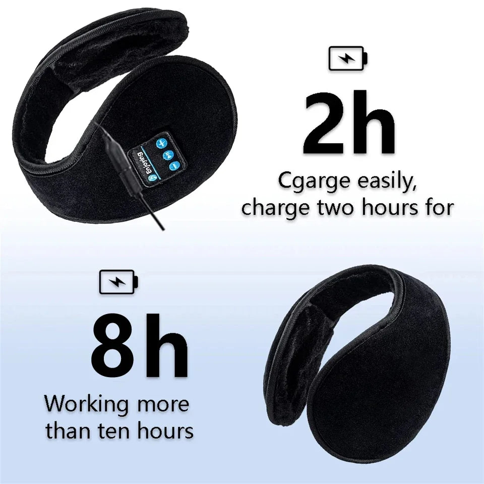 Black velvet wireless ear muffs with built-in bluetooth headphones and control panel for casual cap sports use