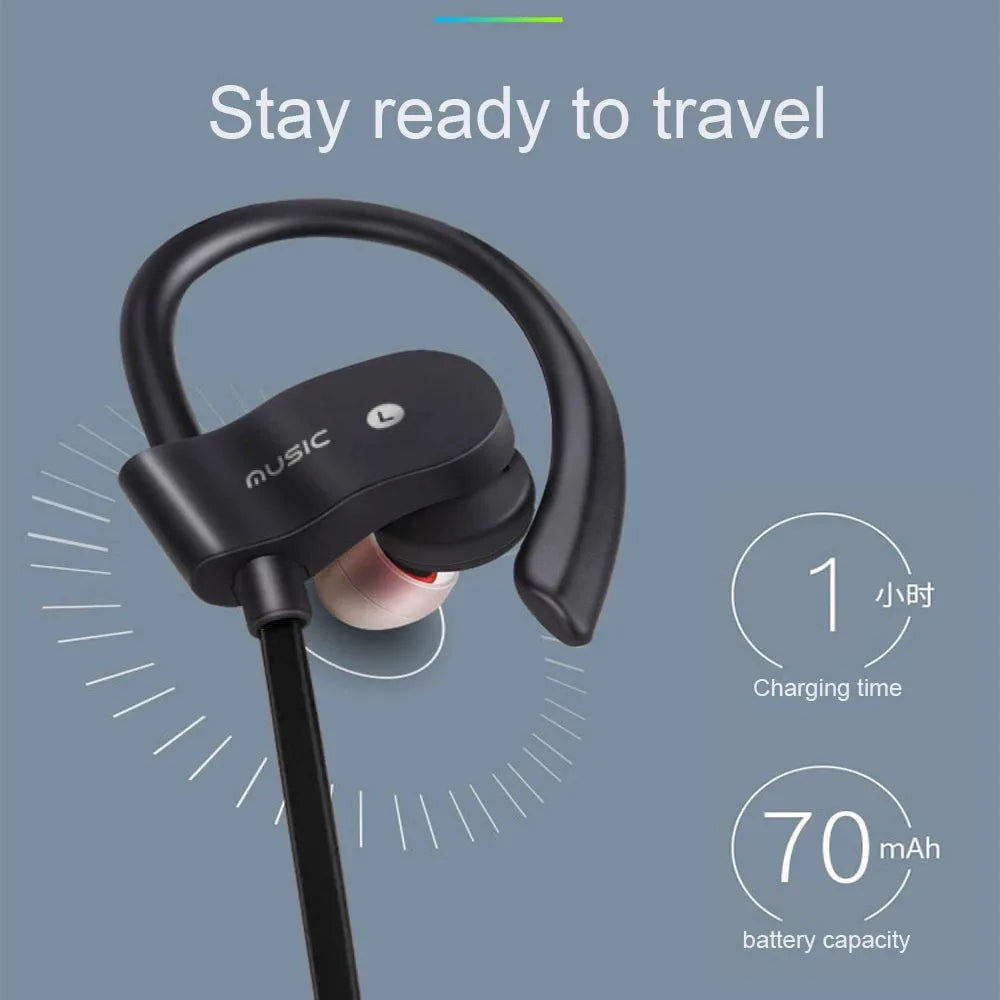 Black wireless earbud with hook design and music branding for earphones wireless bluetooth sports and gaming headset handsfree