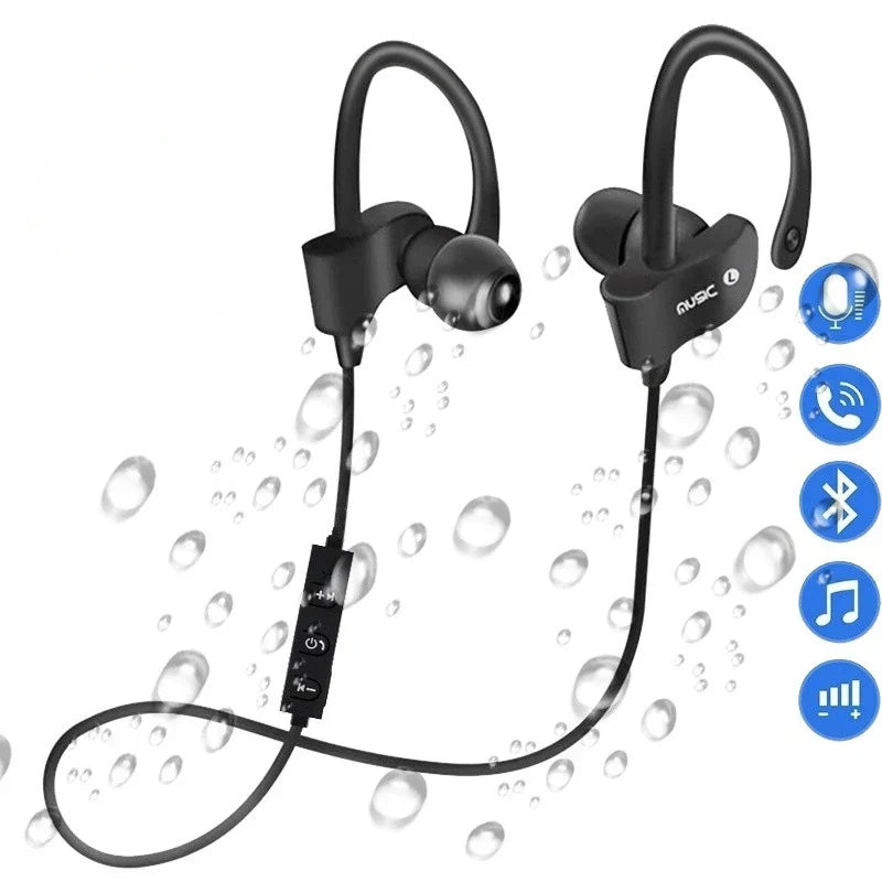 Black earphones wireless bluetooth with hook-style earpieces and control module for gaming handsfree sports use
