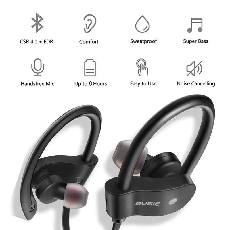 Black wireless bluetooth earphones with silicone tips and hook design bluetooth sports headphones for gaming handsfree