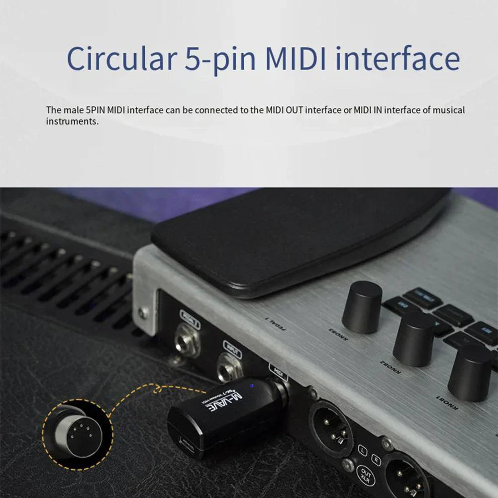 Black compact midi adapter with circular 5-pin male connector for mvave sk7 featuring automatic pairing and rechargeable battery