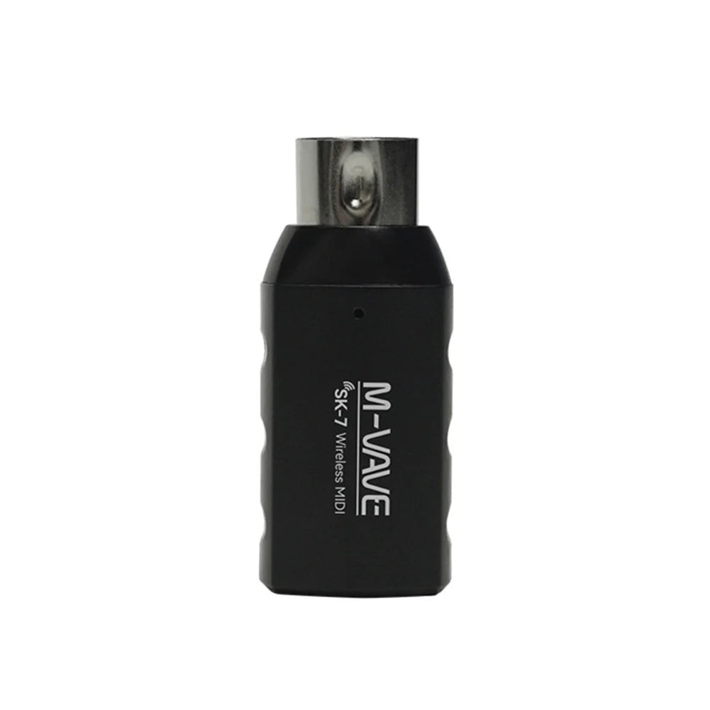 Black mvave sk7 wireless midi adapter with metallic connector featuring automatic pairing and rechargeable battery for music
