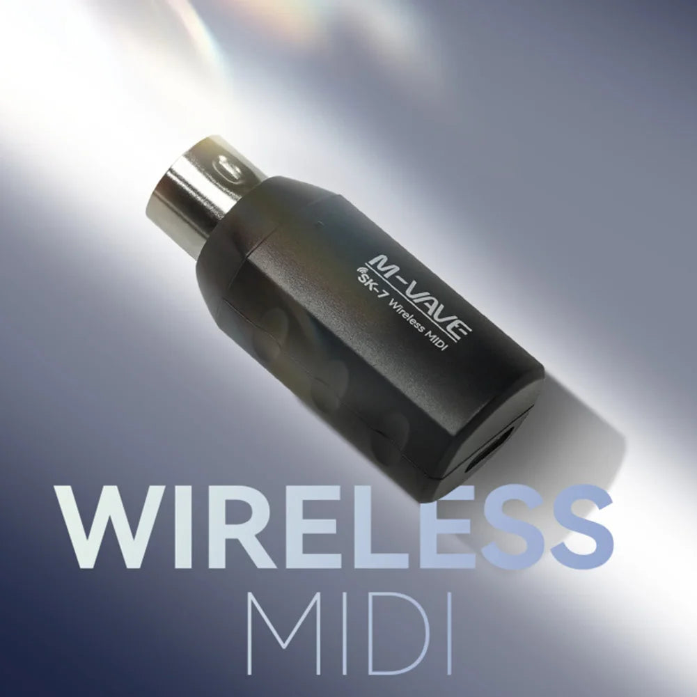 Black mvave sk7 wireless midi adapter with metallic connector featuring automatic pairing and long battery life