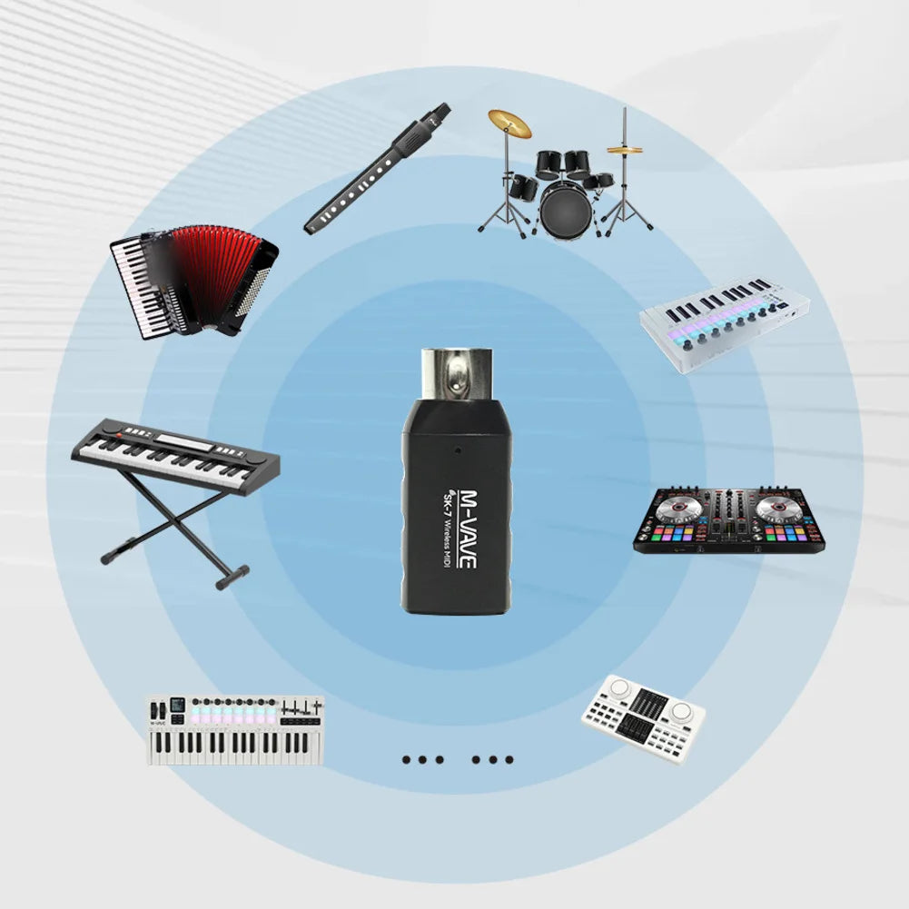 Black m-wave usb audio interface with silver connector and white branding for automatic pairing midi adapter mvave sk7