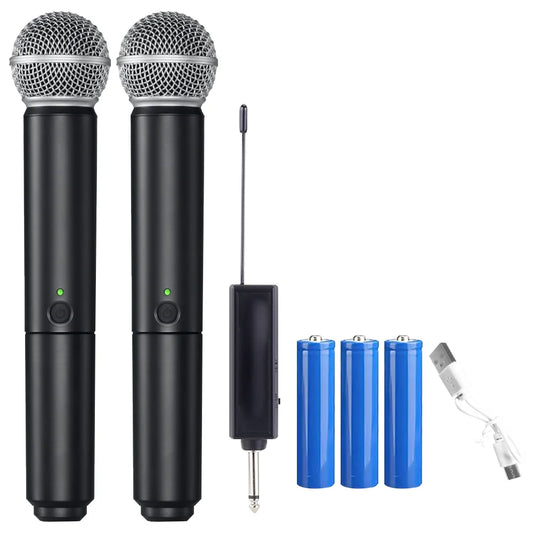 Black wireless handheld microphone with silver mesh grille and green light featuring 1800mah rechargeable receiver for karaoke