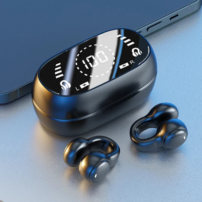 Black wireless headphones bluetooth earbuds with handsfree noise canceling and digital display oval charging case for sports gaming earplug