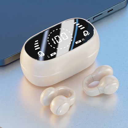 Cream-colored wireless headphones bluetooth headset with handsfree noise canceling and sports gaming earplug features glossy finish and digital display case