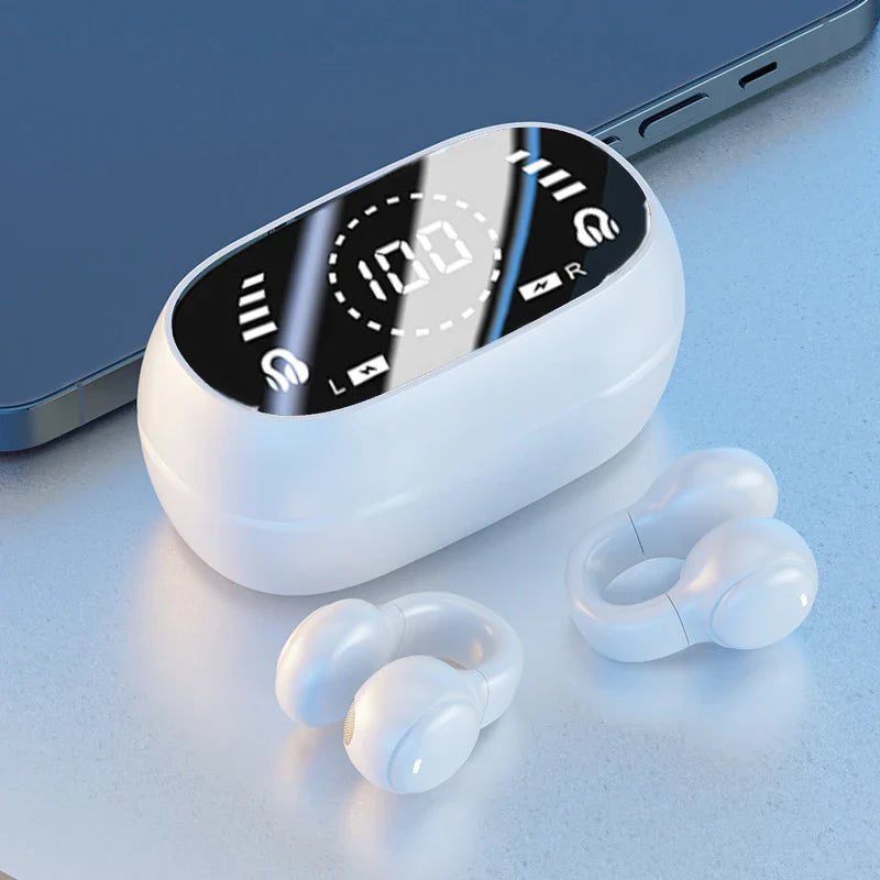White wireless headphones bluetooth headset with mic handsfree noise canceling sports gaming earplug and digital battery case