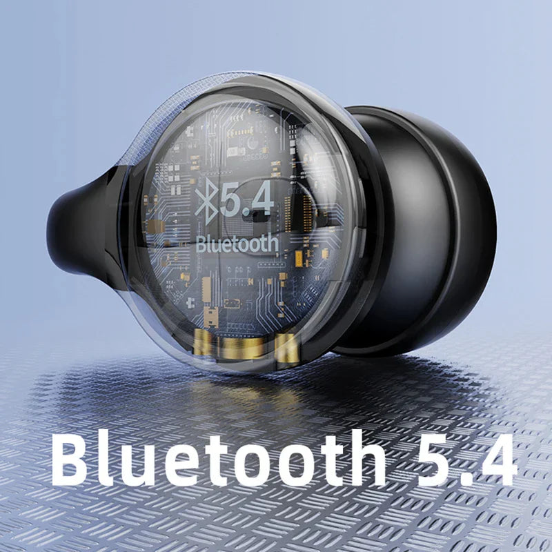 Black wireless headphones bluetooth earbud with transparent dome showing internal circuitry and gold connectors for sports gaming earplug