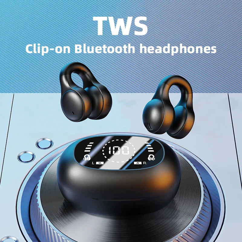 Black clip-on wireless headphones bluetooth with handsfree noise canceling and sports gaming earplug charging case showing battery life