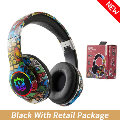 Wireless headset flash over-ear headphones with mic bluetooth headsets, colorful graffiti design, rgb light, game headphone girls