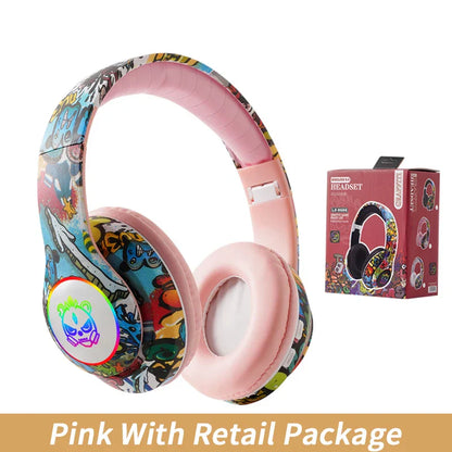 Pink wireless headset flash with mic bluetooth headsets featuring vibrant graffiti design and glowing rgb skull emblem for kids