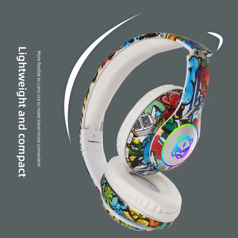 Colorful graffiti wireless headset flash with white earcups, glowing logo, mic bluetooth headsets for game headphone girls