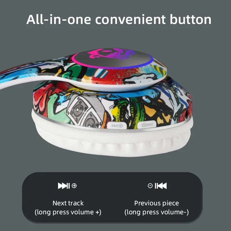 Colorful graffiti-patterned wireless headset flash with mic bluetooth headsets and purple blue led game headphone girls design
