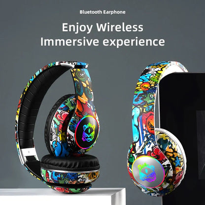 Over-ear wireless headset flash with mic bluetooth headsets featuring vibrant graffiti design and rgb game headphone girls accents