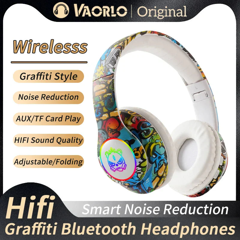 Vaorlo wireless headset flash with mic bluetooth headsets featuring colorful graffiti design and glowing skull logo for game headphone girls