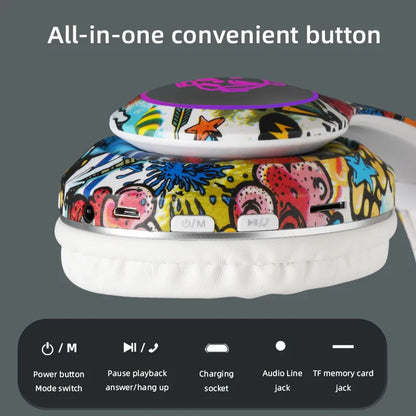 Vibrant graffiti wireless headset flash kids ear headphones with white foam earcup and colorful mic bluetooth control button