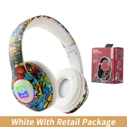 Wireless headset flash with mic bluetooth headsets features vibrant graffiti-style design and glowing skull on white earcups