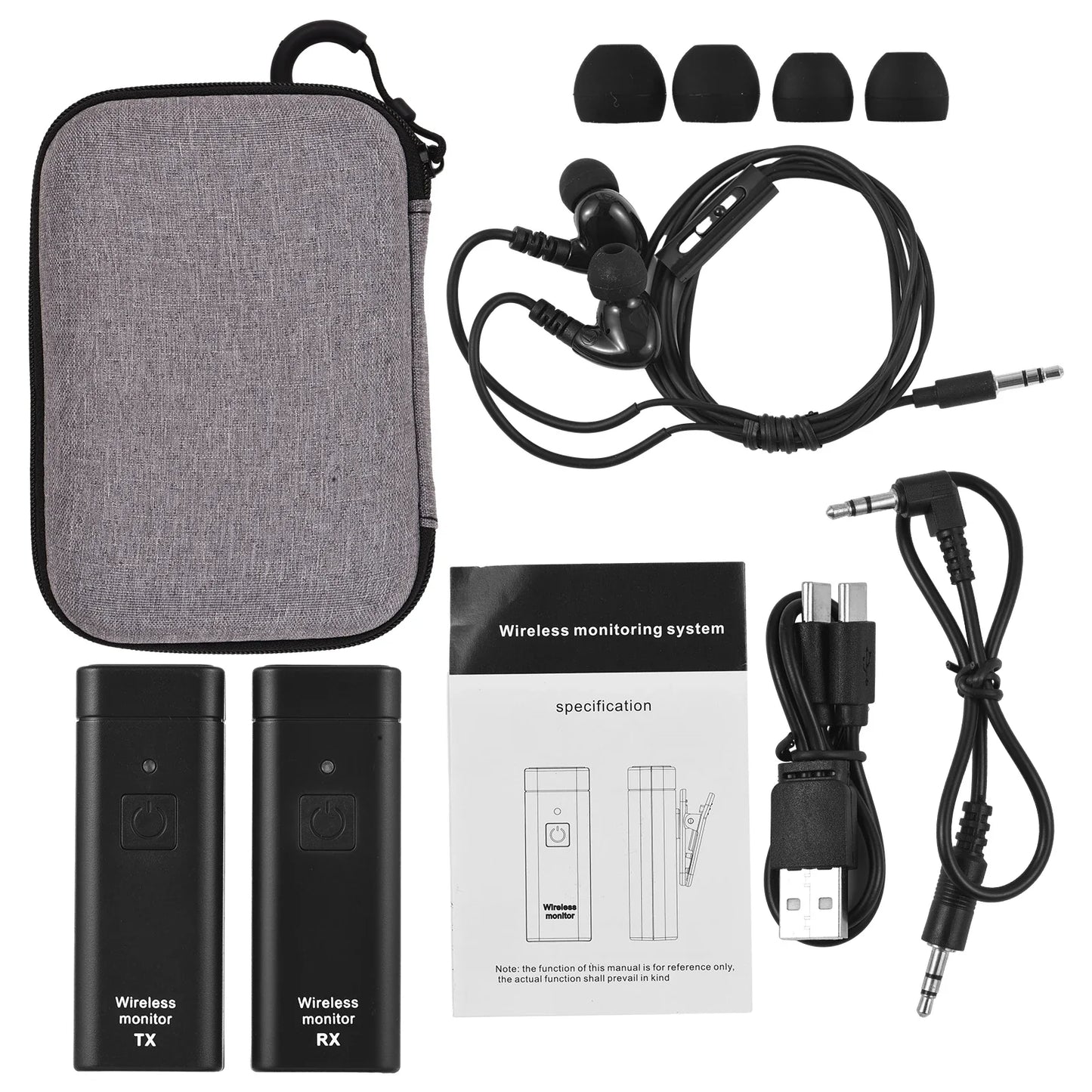 Black professional iem stereo system with uhf transmitter receiver delay simultaneous earbuds charging case