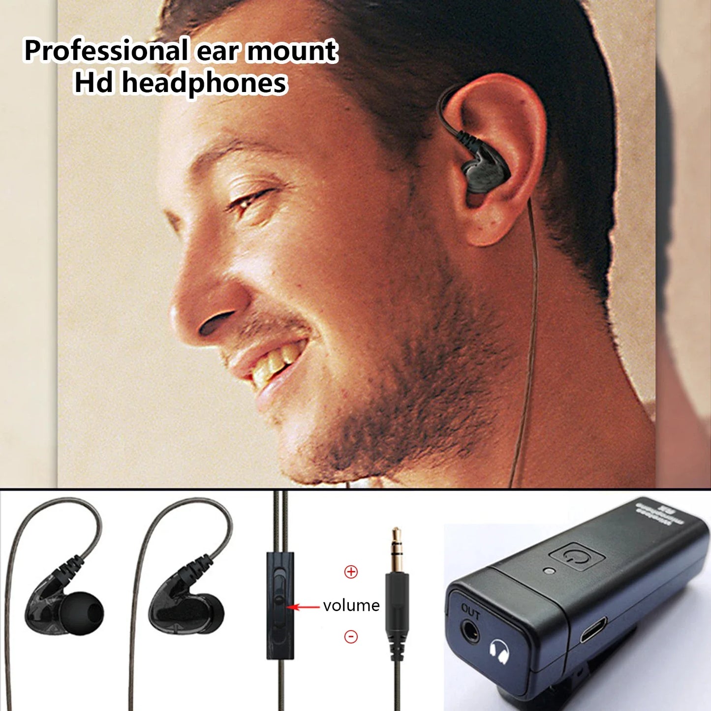 Black in-ear professional iem stereo headphones with ergonomic design and compact transmitter receiver uhf audio controller