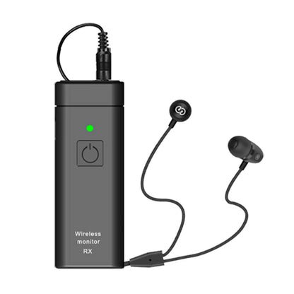 Black wireless monitor rx receiver with green power indicator and attached black earbuds for professional iem stereo delay simultaneous use