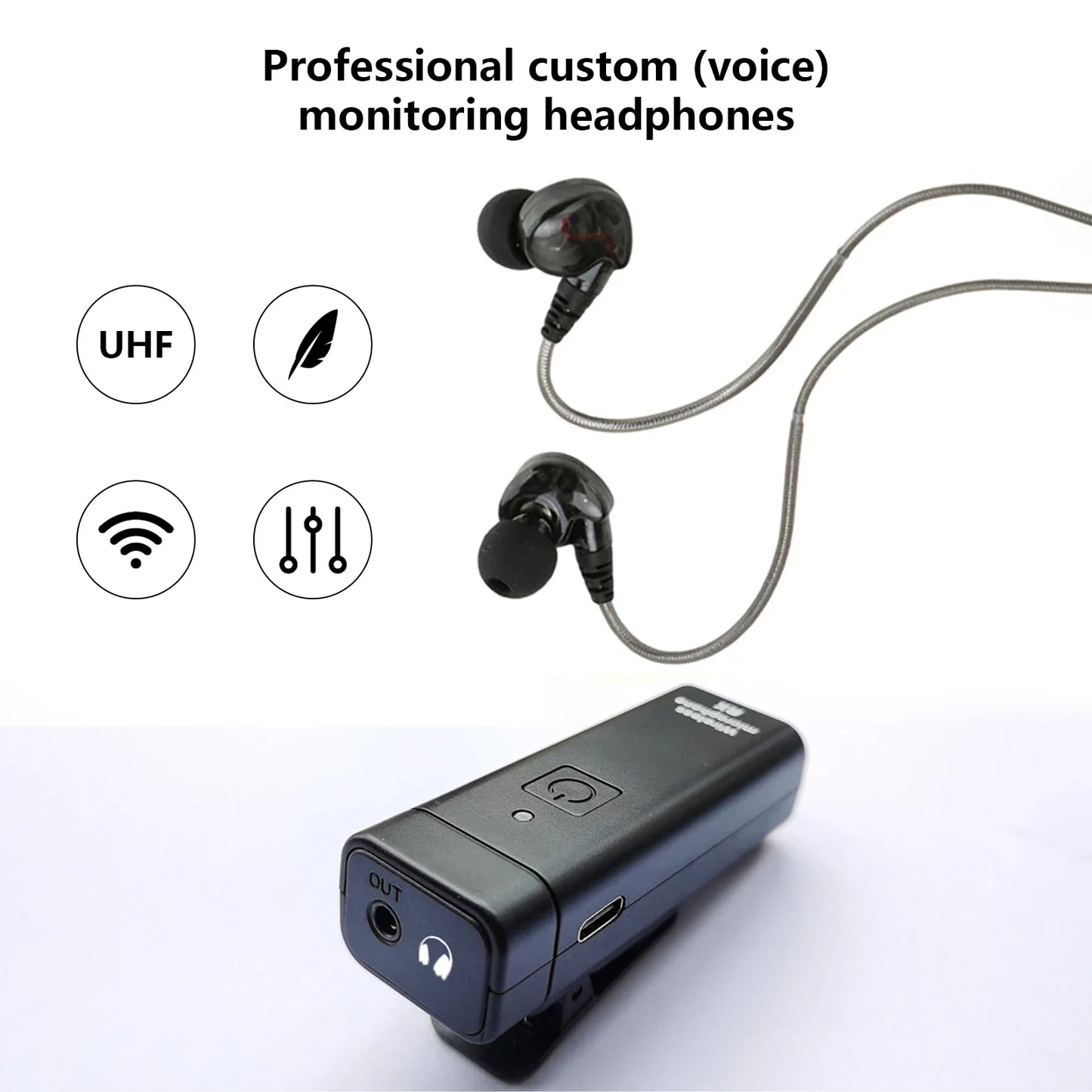 Black professional iem stereo wireless in ear monitoring system with metallic braided cable and uhf transmitter receiver delay simultaneous
