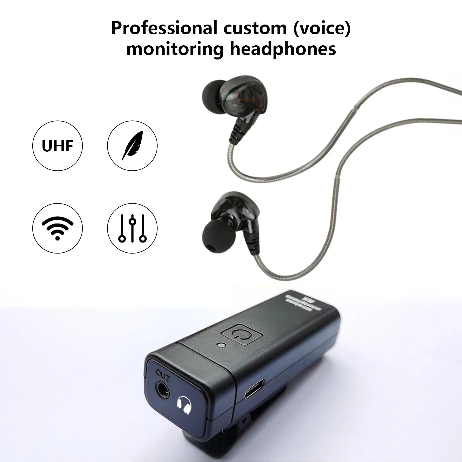 Black professional iem stereo wireless in ear monitoring system with metallic braided cable and uhf transmitter receiver delay simultaneous
