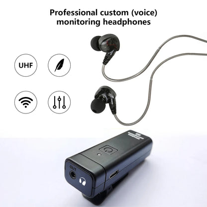 Black professional iem stereo wireless in ear monitoring system with metallic braided cable and uhf transmitter receiver delay simultaneous