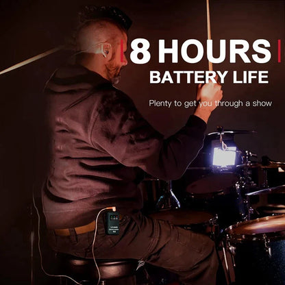 Black compact wireless iem system with small display and charging cable worn by drummer for studio live broadcast-au47 type beat music
