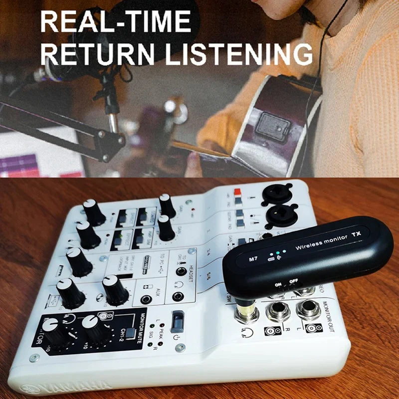 Black wireless iem monitor with green led indicator resting on white audio mixer for studio live broadcast-au47 use