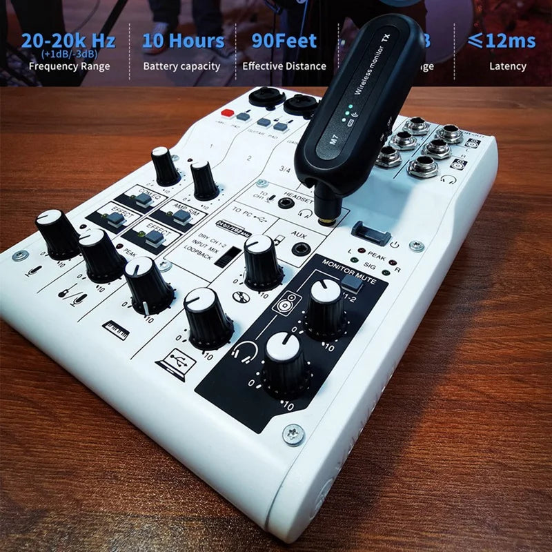 White compact audio mixer with black knobs and wireless monitor transmitter for wireless iem studio live broadcast-au47 type beat music