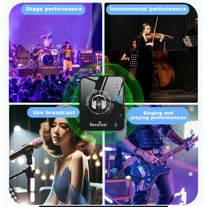 Black rectangular wireless iem receiver with headphone and waveform icon for rechargeable transmitter receiver studio band rehearsal