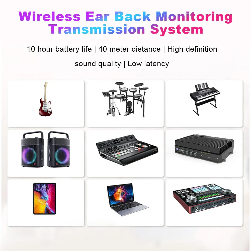 Black wireless iem system back with rechargeable transmitter receiver 10 hour battery for studio band rehearsal