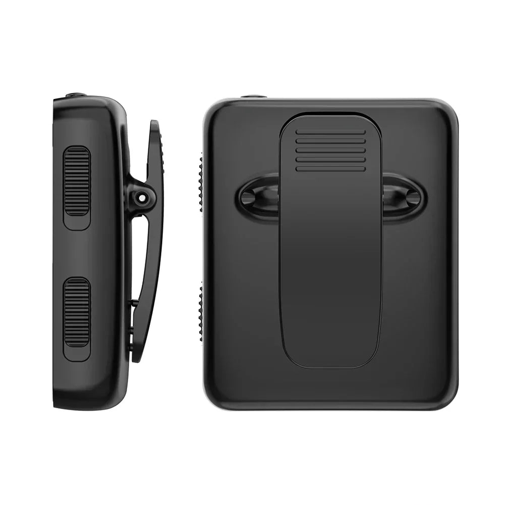 Black rectangular clip-on mini camera with textured grip and button details for wireless iem rechargeable transmitter receiver use