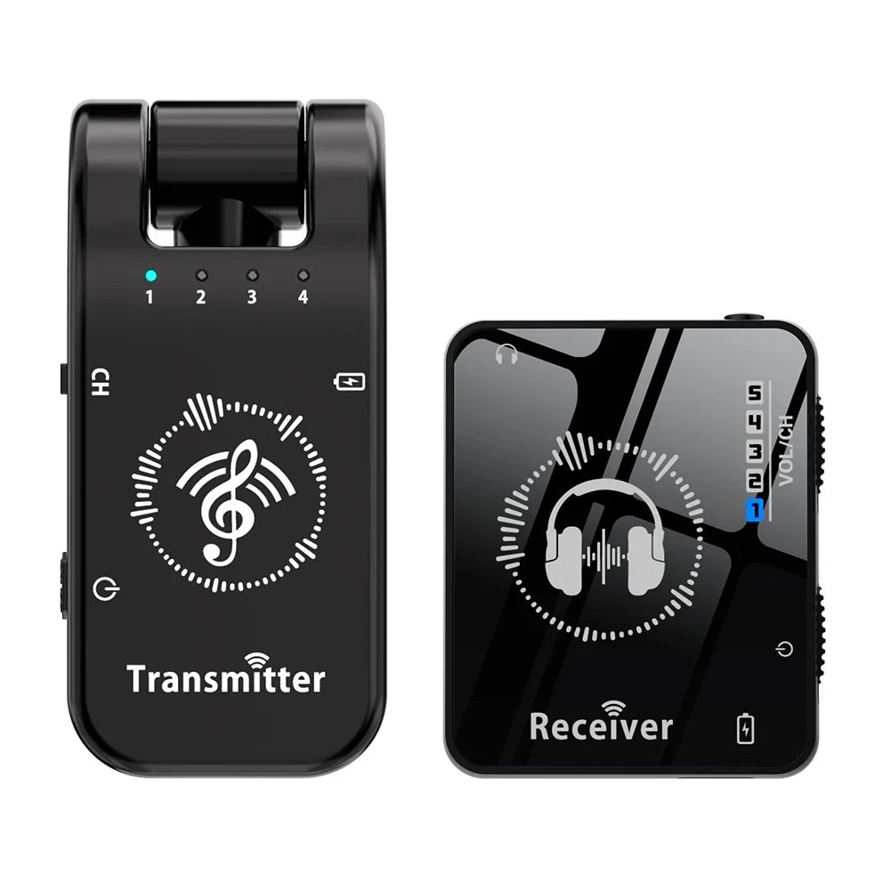 Black wireless iem system with rechargeable transmitter receiver featuring glossy finish for studio band rehearsal use