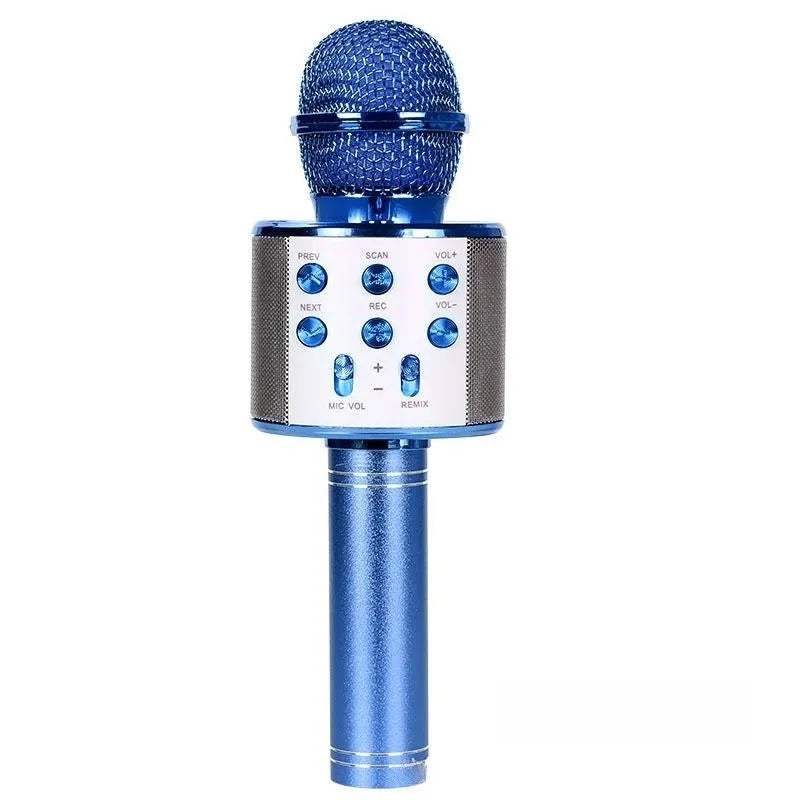 Blue wireless karaoke microphone with mesh grille, metallic finish, and multi-function controls 5-in-1 for party use