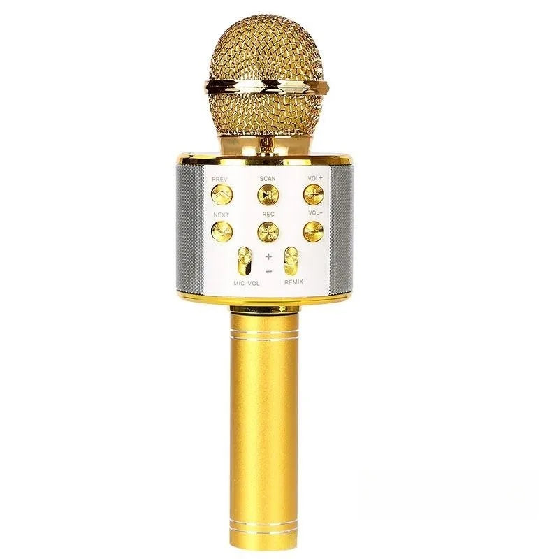 Gold-colored wireless karaoke microphone with mesh grille and multi-function controls 5-in-1 for party use