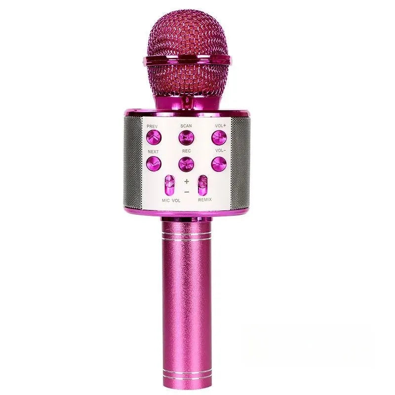 A vibrant pink wireless karaoke microphone with textured mesh grille and metallic multi-function controls 5-in-1 panel