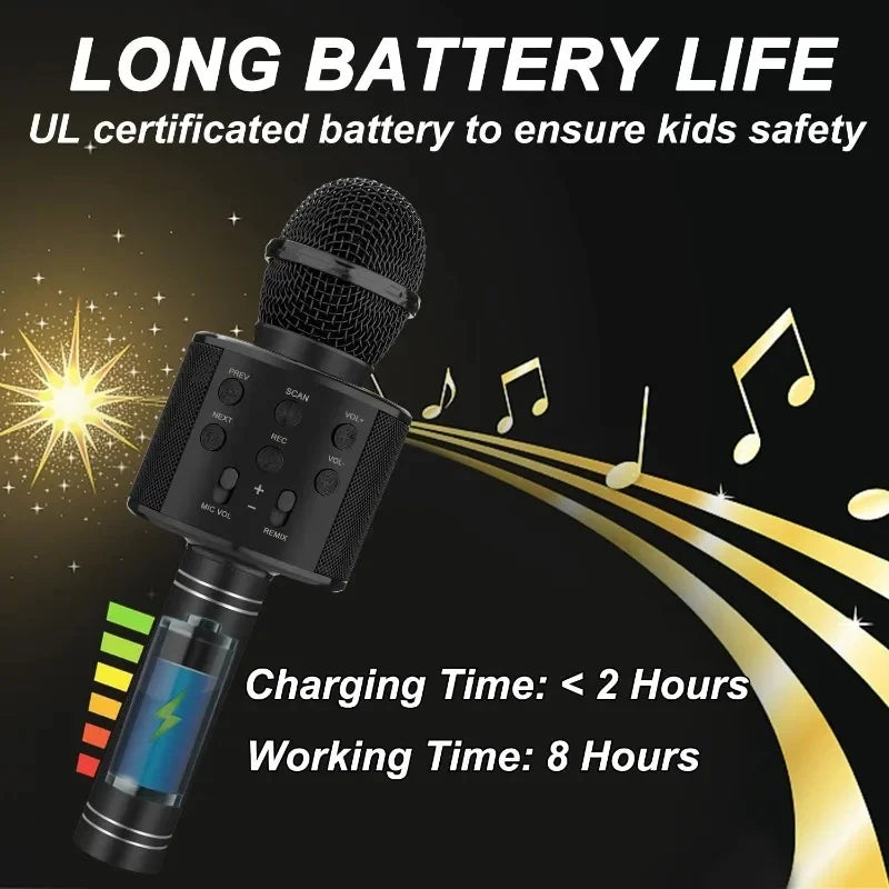 Black wireless karaoke microphone with mesh grille multi-function controls 5-in-1 and battery indicator for party use