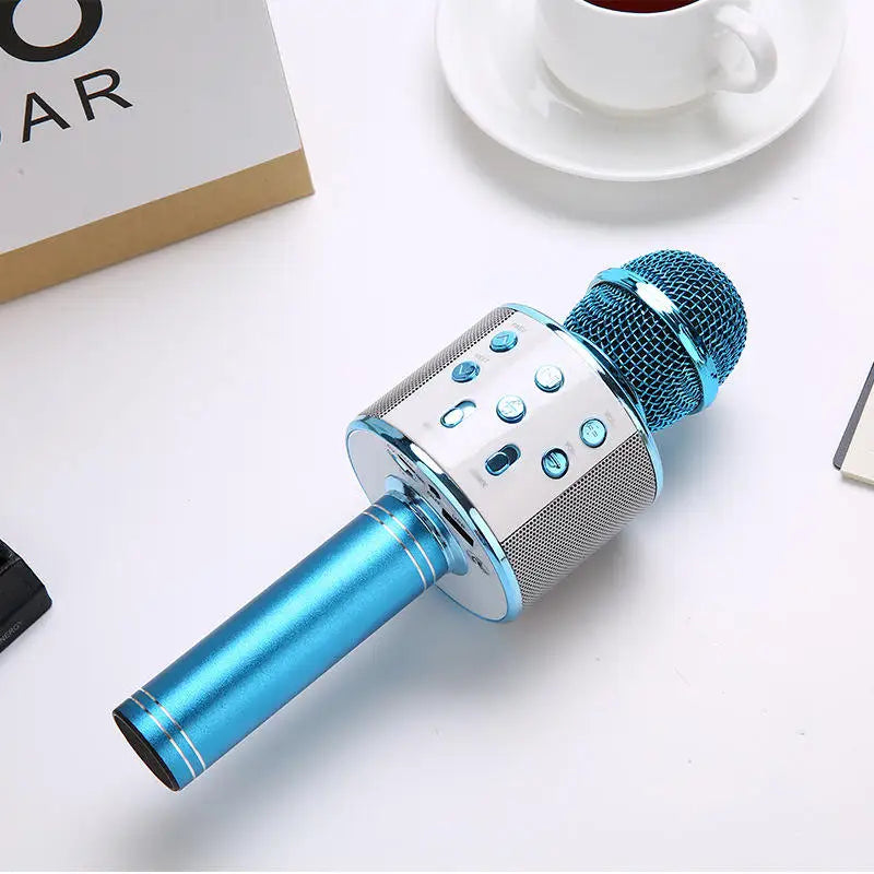 A sleek metallic blue wireless karaoke microphone bluetooth speaker with mesh grille and silver control buttons for party use