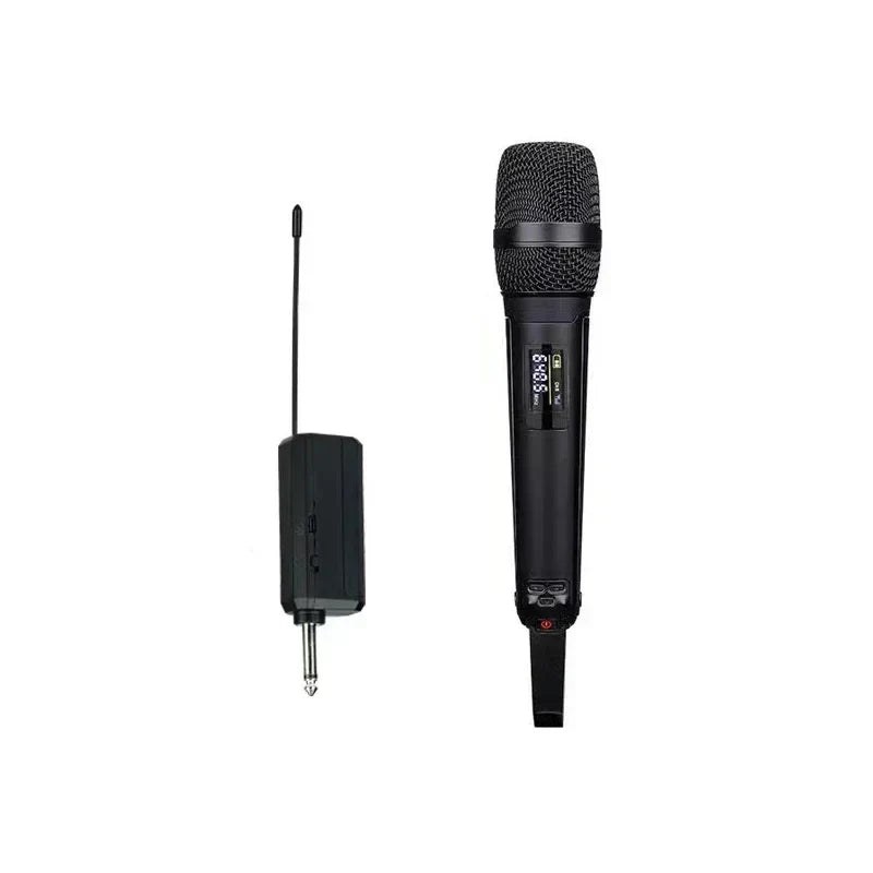 Black wireless karaoke microphone with mesh grille and digital display paired with matching receiver unit for professional dj conference use
