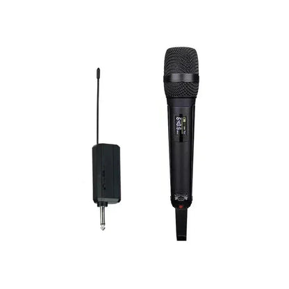 Black wireless karaoke microphone with mesh grille and digital display paired with matching receiver unit for professional dj conference use
