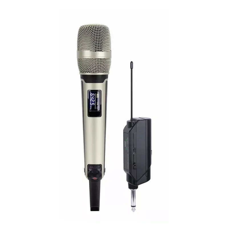 Silver and black wireless karaoke microphone dynamic with mesh grille digital display and matching receiver for professional dj conference use