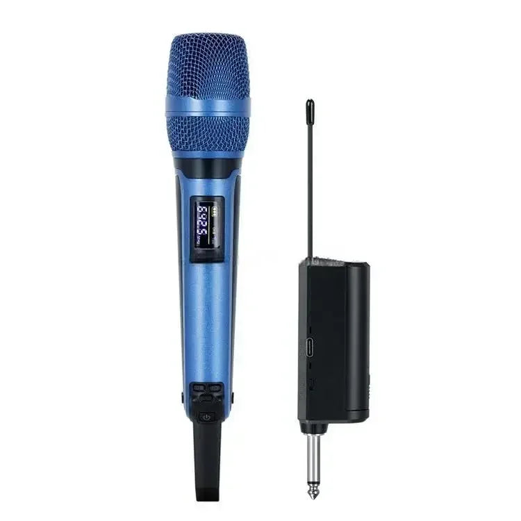 Blue wireless karaoke microphone dynamic with mesh grille and digital display paired with black receiver for professional dj conference use