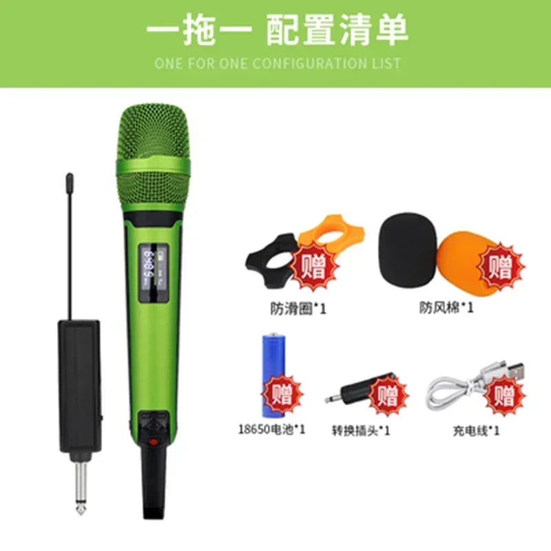 Green wireless karaoke microphone dynamic with mesh grille and digital display for professional dj conference use
