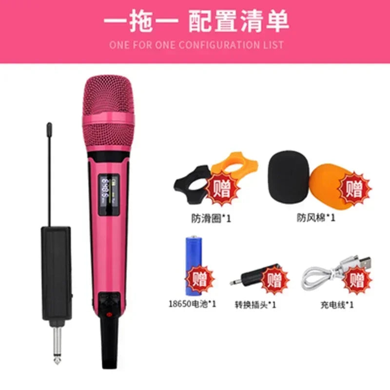 Pink wireless karaoke microphone dynamic with mesh grille and digital display for professional dj conference use