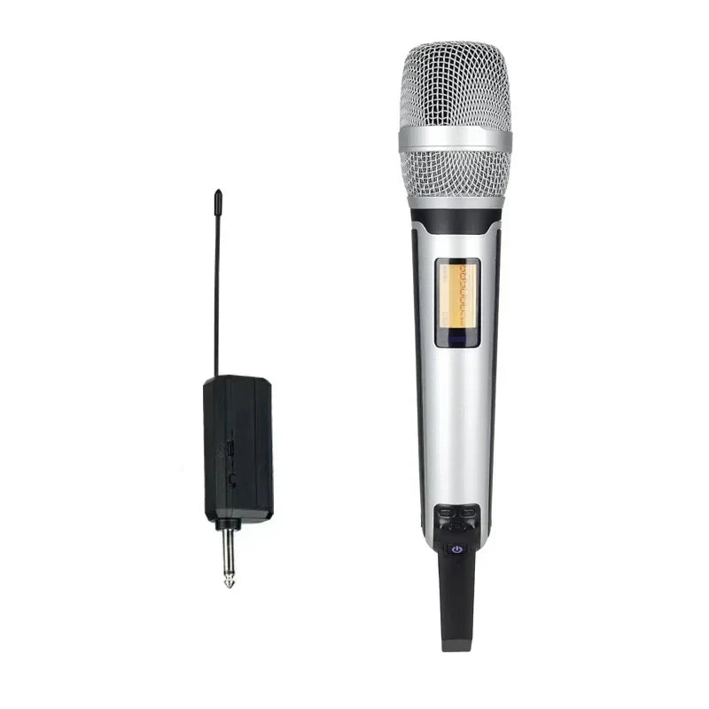 Silver and black wireless karaoke microphone dynamic with mesh grille and lcd screen for professional dj conference use