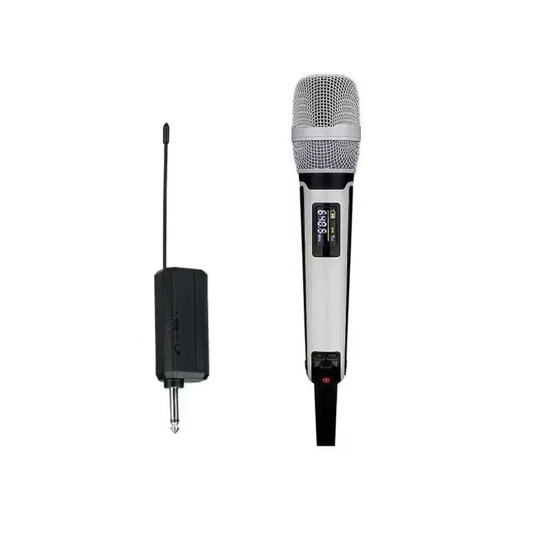 Silver and black wireless karaoke microphone dynamic with mesh grille and digital display plus receiver for professional dj conference use