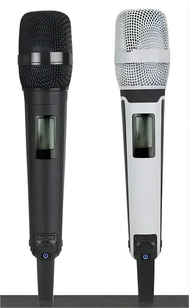 Black and silver wireless karaoke microphone dynamic with mesh grille and digital display for professional dj conference use